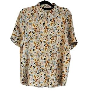 LAFAYETTE 148 Silk Short Sleeve Full Button Front Top Size L